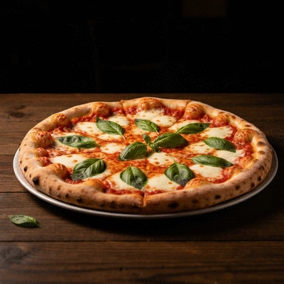 Artisan wood-fired pizza on a rustic table in a cozy Italian restaurant