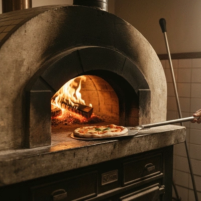 Traditional wood-fired stone oven with a glowing fire inside and a fresh pizza on a peel
