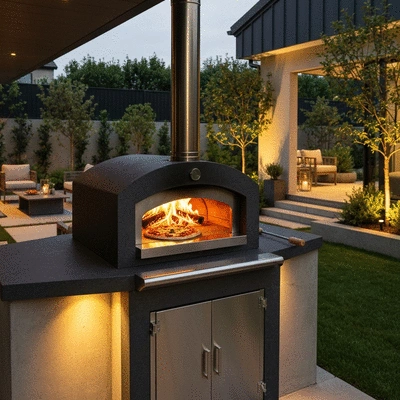 Modern outdoor pizza oven in a backyard setting