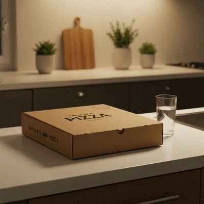 Pizza delivery box on a wooden table in a modern home