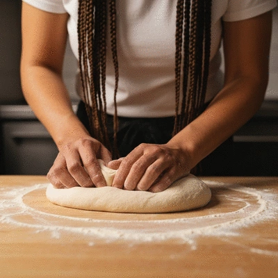 Hands kneading pizza dough on a floured wooden surface