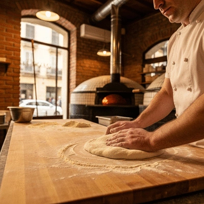 Chef kneading pizza dough in a traditional Neapolitan pizzeria
