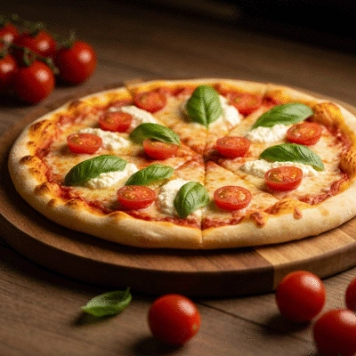 Gourmet vegan pizza with fresh basil and tomatoes on a rustic table