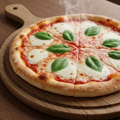 Freshly baked artisan pizza with basil and mozzarella on a wooden board