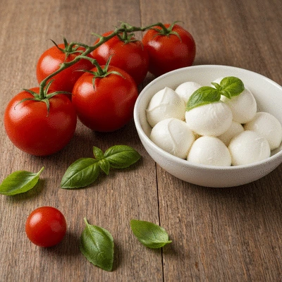 Close-up of fresh pizza ingredients on a rustic wooden table