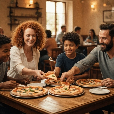 Happy family sharing multiple pizzas around a large dining table