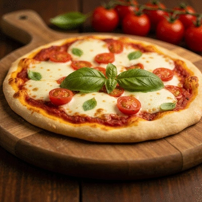 Close-up of a freshly baked gluten-free pizza with bubbling cheese and fresh basil leaves