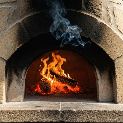 Traditional wood-fired pizza oven with glowing embers
