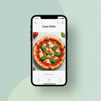 Mockup of a mobile app for Casa Fatto pizza ordering, with a delicious pizza shown on screen.