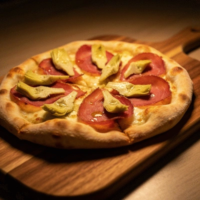 Crispy Roman style pizza with diverse toppings on a wooden board