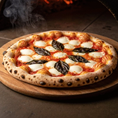 Close up of a fresh Margherita pizza with melting mozzarella and basil