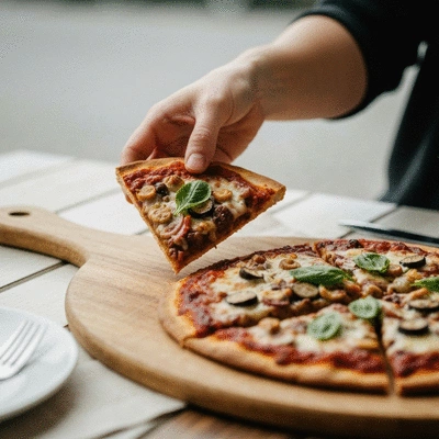 Hand reaching for a slice of vegan and gluten-free pizza on a wooden board