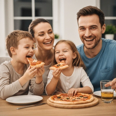 Family enjoying pizza together, smiling and laughing