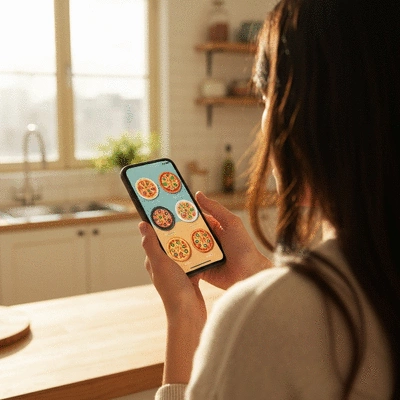 A person using a smartphone to order pizza online in a bright kitchen