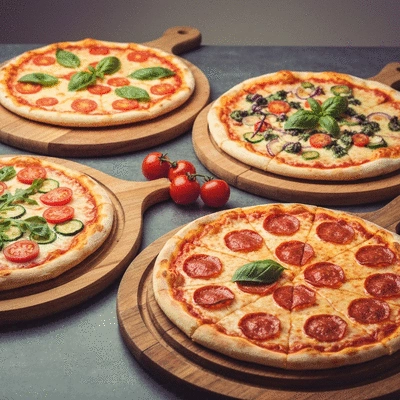 Variety of gourmet pizzas on wooden cutting boards at Casa Fatto