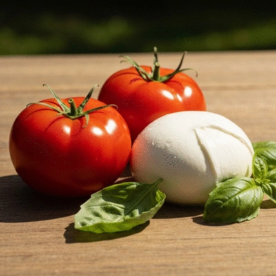 Fresh San Marzano tomatoes, buffalo mozzarella, and fresh basil leaves on a wooden table