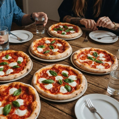 Variety of artisan pizzas on a large wooden table at a party