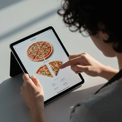 Person using a tablet to order pizza online from Casa Fatto, close up on hands and screen, clean modern background.