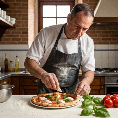 Chef carefully placing toppings on a Neapolitan pizza
