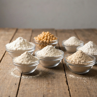 Variety of alternative flours like almond and chickpea on a wooden table
