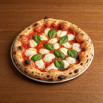 Handcrafted Italian pizza with fresh basil and mozzarella