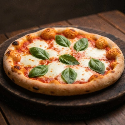 Artisan wood-fired pizza with fresh basil and mozzarella on a rustic wooden board