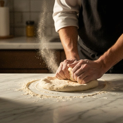 Artisanal gluten-free pizza dough being prepared on a marble surface with flour dust