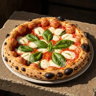 Authentic Neapolitan Margherita pizza with fresh basil and buffalo mozzarella