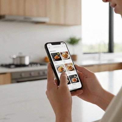 Person using a smartphone to order pizza online in a bright kitchen