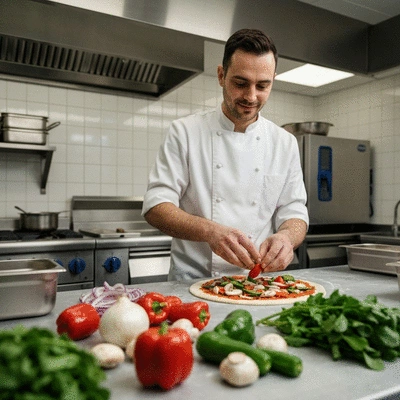 Chef preparing a vegan pizza with fresh vegetables in a clean kitchen